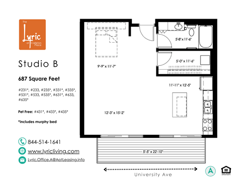 Floor plan for studio, 1 bath, 687 sqft